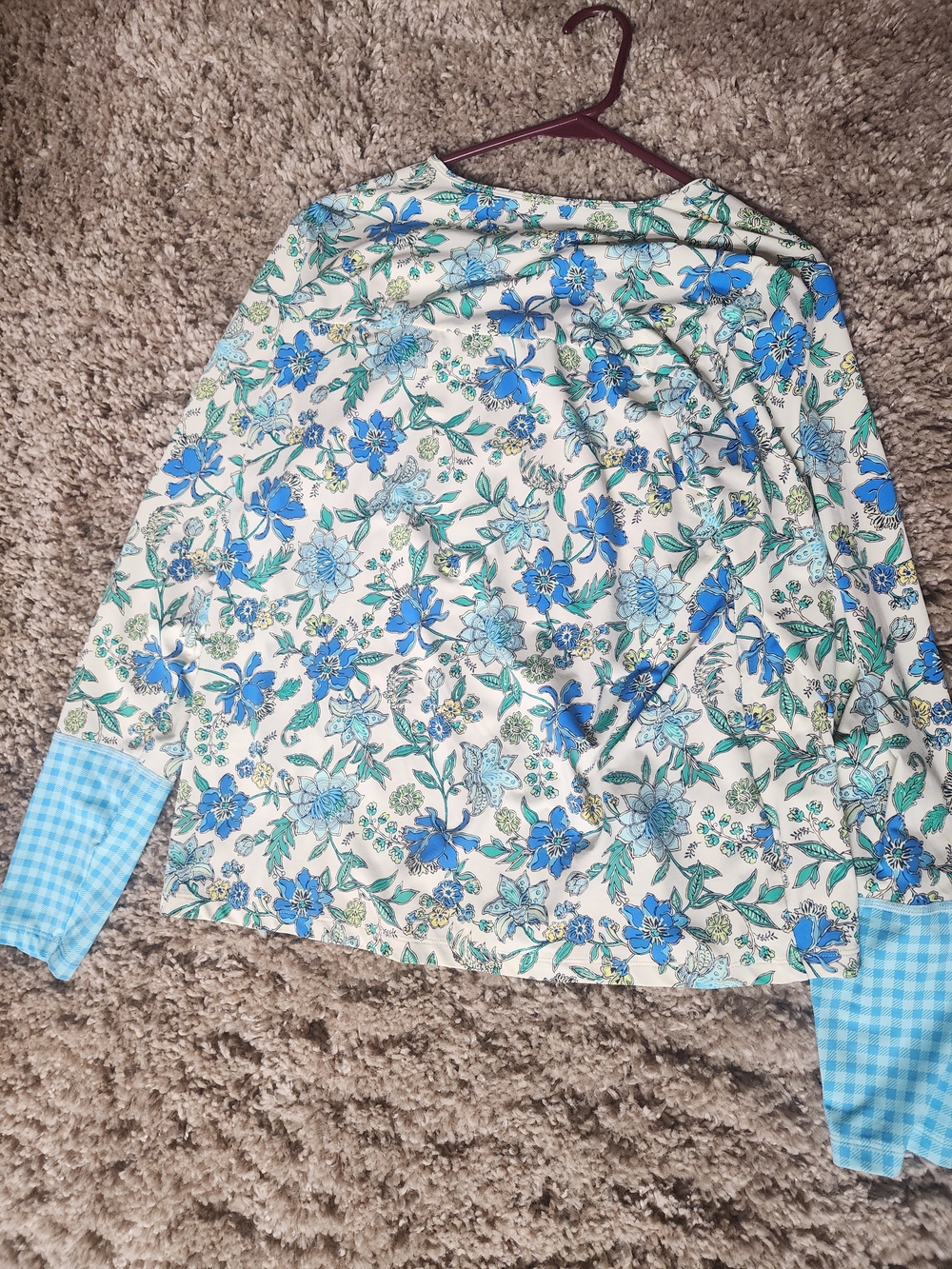 Lands' End White Floral Long-Sleeve Swim Tee with Blue Gingham Cuffs
